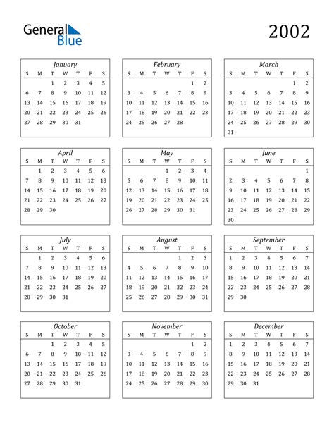 2002 Printable Calendar